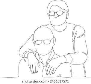 Pareja mayor en estilo de dibujo de arte en línea continua. Pareja de ancianos románticos. Viejo abuelo y abuela. Ilustración vectorial sin inteligencia artificial