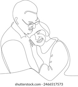 Elderly couple in continuous line art drawing style. Romantic elderly couple. Old grandfather and grandmother. Vector illustration without artificial intelligence