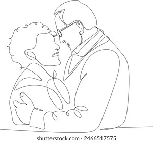 Elderly couple in continuous line art drawing style. Romantic elderly couple. Old grandfather and grandmother. Vector illustration without artificial intelligence