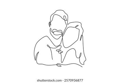 Elderly couple in continuous line art drawing style, Black linear sketch isolated, An elderly couple is sitting on a bench and hugging in one line on a white background.