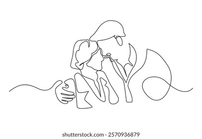 Elderly couple in continuous line art drawing style, Black linear sketch isolated, An elderly couple is sitting on a bench and hugging in one line on a white background.