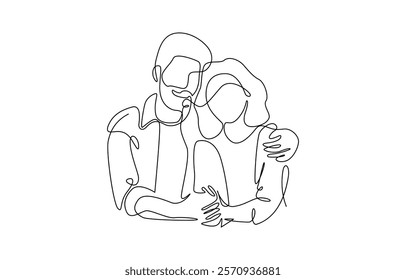 Elderly couple in continuous line art drawing style, Black linear sketch isolated, An elderly couple is sitting on a bench and hugging in one line on a white background.