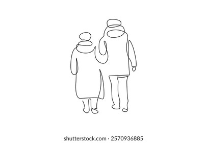 Elderly couple in continuous line art drawing style, Black linear sketch isolated, An elderly couple is sitting on a bench and hugging in one line on a white background.