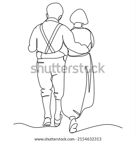 Elderly couple in continuous line art drawing style. Senior man and woman walking together holding hands. Minimalist black linear sketch isolated on white background. Vector illustration
