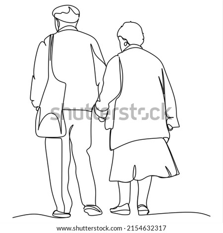Elderly couple in continuous line art drawing style. Senior man and woman walking together holding hands. Minimalist black linear sketch isolated on white background. Vector illustration
