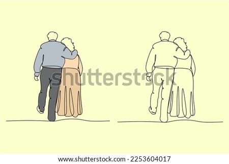 Elderly couple in continuous line art drawing style. Senior man and woman walking together holding hands. Minimalist black linear sketch isolated on white background. Vector illustration