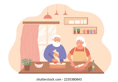 Una pareja de ancianos cocina un pastel en la cocina. Los viejos felices disfrutan la vida, son felices, cuidan unos de otros. Gráficos vectoriales.