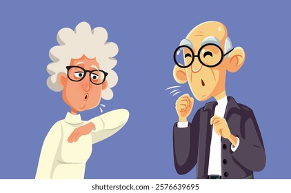 
Elderly Couple Coughing and Sneezing Vector Cartoon Illustration. Old man and woman suffering from a viral infection together
