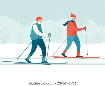 Elderly couple cross country skiing in the public park. Concept of active healthy lifestyle of seniors. Flat vector illustration.