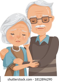 elderly couple crying. Old woman and old man couple embrace affectionately. Feeling sad of granddaddy and grandmother retirement age. Concept of health problems and life insurance. Vector illustration