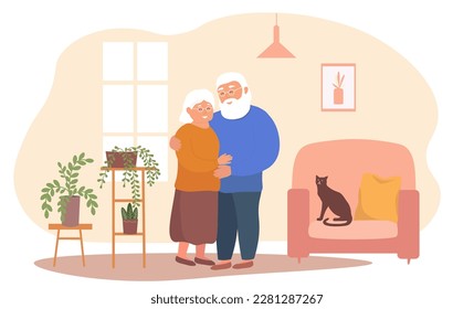 An elderly couple cuddle together in a cozy room, spend time together. Old people in love take care of each other. Vector graphics.