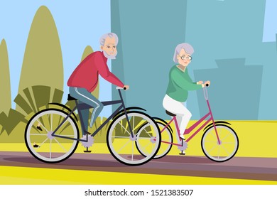 Elderly couple cycling flat vector illustration. Aged people, old husband and wife cartoon characters. Seniors pair in sportswear riding bikes in city park. Happy retirement, healthy lifestyle
