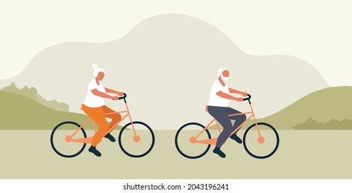 Elderly couple cycling in park vector illustration. Elderly people healthy lifestyle, healthy aging for senior care concept