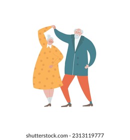 Concepto de baile de pareja de ancianos. Estilo de vida activo del hombre y la mujer de mayor edad. Bailando viejos. Clase de baile para personas mayores. Felices jubilados, pensionistas. Vector plano dibujado a mano aislado