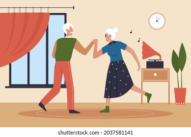 Las parejas de edad avanzada bailan en la sala de estar de casa ilustración vectorial interior. Personajes de caricaturista masculino bailando música, abuelos mayores y bailarinas de abuela, antecedentes de jubilación feliz