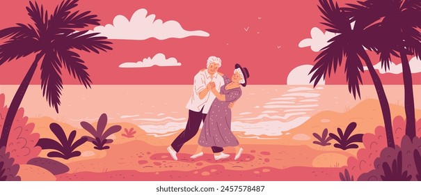 Una pareja de ancianos baila con el mar y las palmeras al atardecer como telón de fondo. Anuncio con personajes antiguos junto al mar en estilo llano. Ilustración vectorial de personas mayores vacaciones de playa.