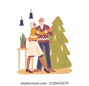 Elderly Couple Dances Beside A Christmas Tree, Embracing Festive Spirit. Scene Highlights Love, Joy And Togetherness