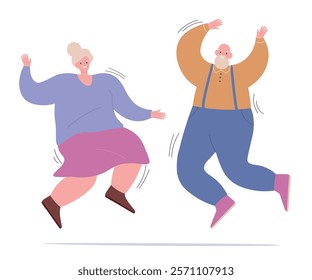 An elderly couple dances happily. The old people are happy and active. Vector flat graphics.