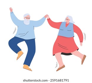 An elderly couple dances happily. The old people are actively moving and enjoying life. Vector flat graphics.