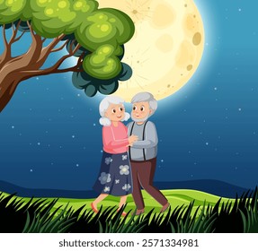 An elderly couple dances under a full moon