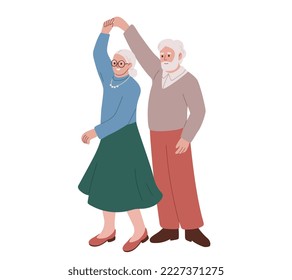 Elderly couple dancing. Active lifestyle of senior man and woman. Dancing old people. Dance class for elderly. Happy retired people, pensioners. Flat vector illustration.