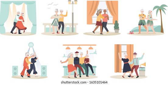 Elderly couple dancing, cartoon characters vector illustration. Set of cute isolated icons in flat style. Senior man and woman, happy romantic couple retired. Dance at home, in club and on vacation