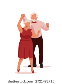 Ein älteres Paar tanzt. Ein süßer Tanz eines älteren Paares auf einer Feier, Hochzeit oder Party. Die Frau trägt ein rotes Kleid, und der Mann trägt eine elegante Hose, ein Hemd und eine Fliege.