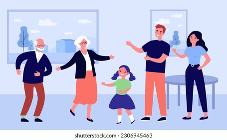 Pareja mayor bailando con la familia en la ilustración del vector del hogar. Dibujo de abuela y abuelo pasando tiempo con madre, padre e hija. Vigencia mayor, jubilación, familia, concepto de ocio