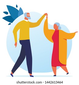 Elderly Couple Dancing Flat Vector Illustration. Grandfather and Grandmother Cartoon Characters. Old Man and Woman, Married Pair Waltzing Together. Happy Retirement, Nursing Home Pastime