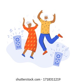 An elderly couple dancing at home. Old man and woman are having fun. Spending time at home. Elderly people. Senior grandfather grandmother together listen to music and dance. Leisure in quarantine. 