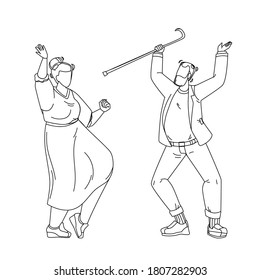 Elderly Couple Dancing Lifestyle Retirement Black Line Pencil Drawing Vector. Happy Senior Couple Grandfather And Grandmother Dance Together. Old People Relaxation And Active Time Illustration