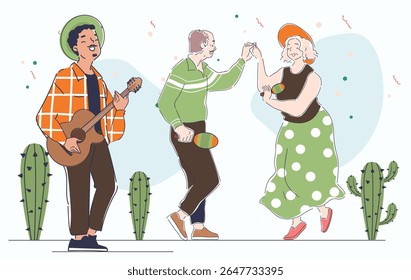 Elderly couple dancing with maracas while a man plays guitar, cartoon style, on a white background with cacti and confetti. Concept of joyful senior life. Vector illustration