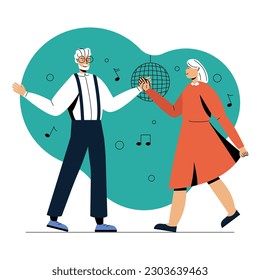 Elderly couple dancing to music and disco ball in a club. Concept of senior citizens and retirement. Cartoon flat style illustration on white background