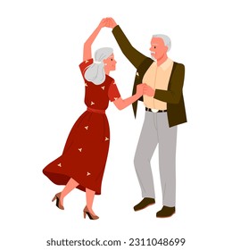 Pareja mayor bailando música juntos ilustraciones vectoriales. Caricatura aislada feliz baile de adultos mayores, activo abuelo y abuela bailarinas en la cita, esparcimiento de abuelos ancianos