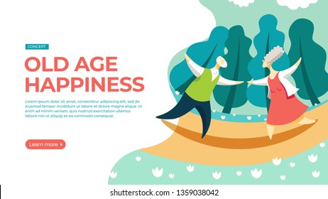 Elderly couple dancing in the park. Vector illustration of happy old age concept. Landing page main block layout.