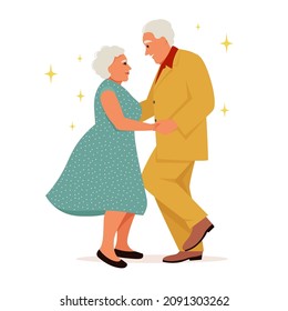Elderly couple dancing. Recreational and healthy sport activities for grandparent. Flat vector illustration in retro style
