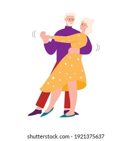 An elderly couple is dancing a waltz. Active old people. Grandfather and grandmother are dancing. Vector flat illustration on a white background.