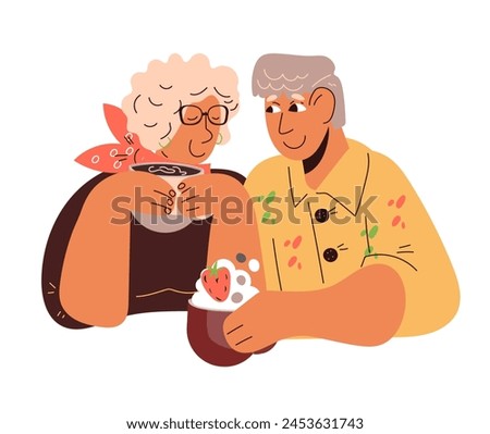 Elderly couple dating or spending time together while drinking coffee, flat vector illustration isolated on white background. Elderly age, retirement, seniors relationship concept.