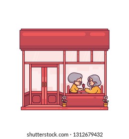 Elderly Couple Dinner in Chinese Restaurant Romantic Moment Chracters Vector Illustration
