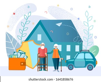 An elderly couple with a disability, a wallet with money as a symbol of secured old age, protection of property, home, car, health concept vector illustration