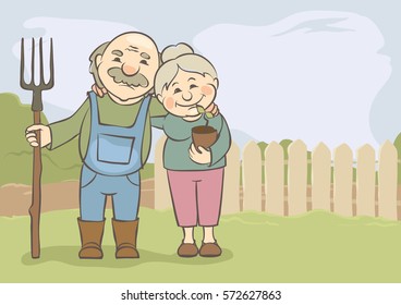 Elderly couple do gardening / Vector illustration -- elderly women and men engaged in horticulture