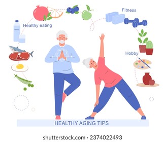 Una pareja mayor hace yoga. Estilo de vida saludable y activo para los ancianos. Concepto de envejecimiento saludable. Alimentos saludables, fitness y pasatiempos. 
