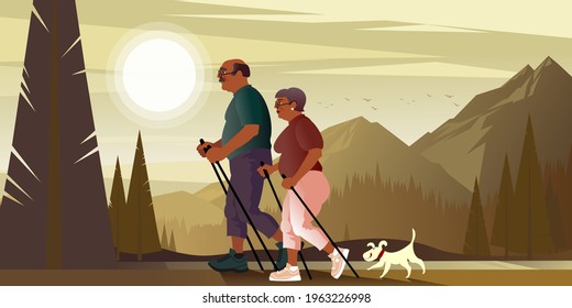 An Elderly Couple With Dog Has A Nordic Walking In A Summer Mountain Park. Vector Illustration For Landing Page Mockup Design Or Advertising Banner.