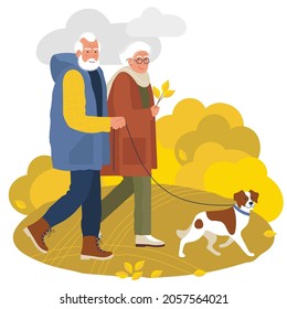 an elderly couple and dog walk in the forest park  outdoor activities  the concept elderly people in flat trending style  stock vector illustration  EPS 10 