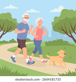 Elderly couple with dog   running in the park, happy man and woman doing outdoor activities. Vector illustration in flat style