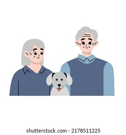 Elderly couple with dog. Senior man and woman stand together and look to each other with love and care. Concept of medical insurance and help to mature people. Vector illustration