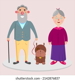 Elderly couple dog walk. Flat illustration with elderly couple dog walk for healthy lifestyle design. Vector flat illustration. Happy family illustration.