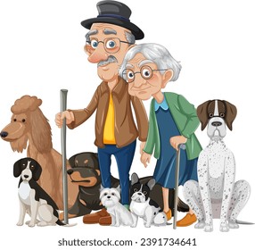 Elderly couple with dogs and walking stick taking a stroll