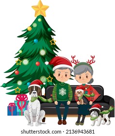 Elderly couple with dogs wearing Christmas outfits illustration