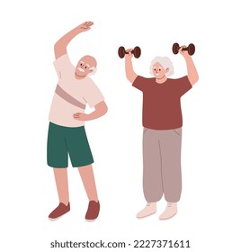 Elderly couple doing exercises. Active lifestyle of senior man and woman. Sportive old people.  Leisure, hobby. Aged people doing sport. Happy retired people, pensioners.  Flat vector illustration.